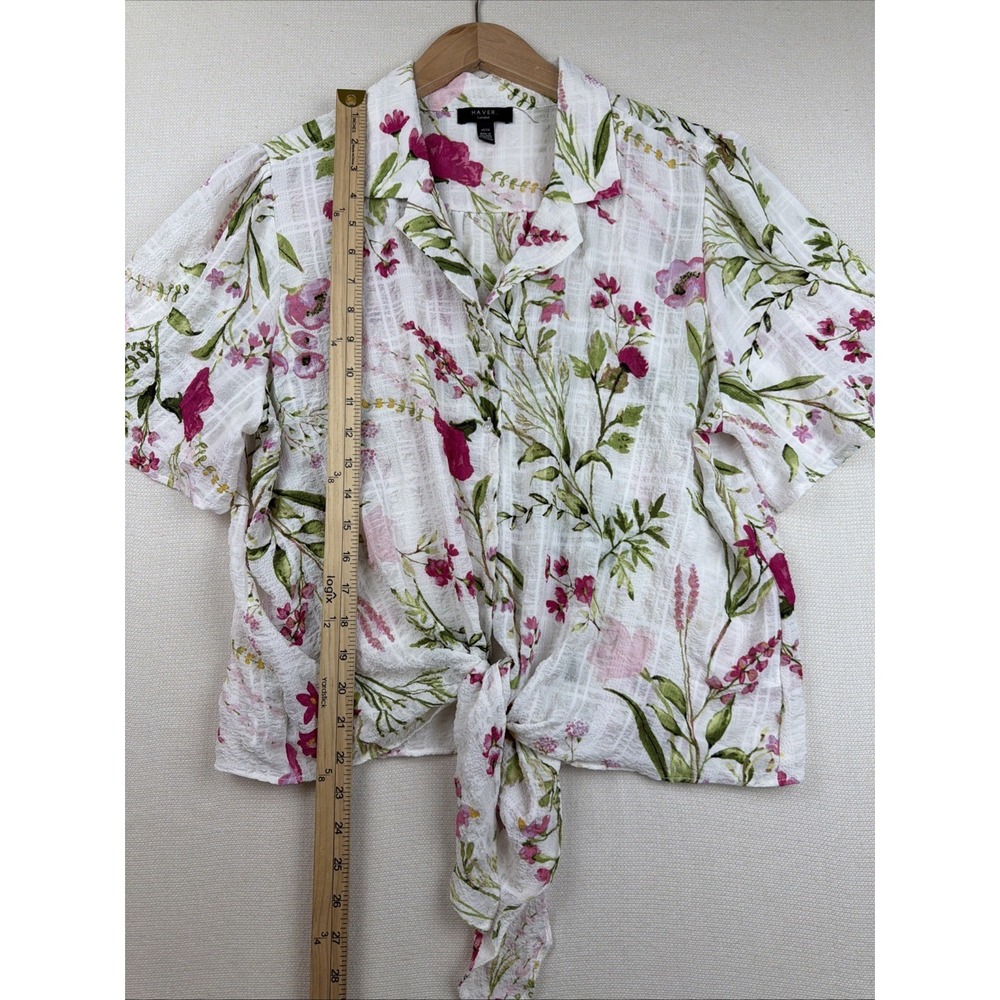 Floral Button Up Crop Top Tie Front Blouse XL Coastal Resort Preppy Fairy Beachy - Picture 7 of 13